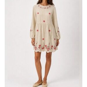 NWT Caroline Constas Embroidered Linen Blend Babydoll Dress Cream Pink Floral M